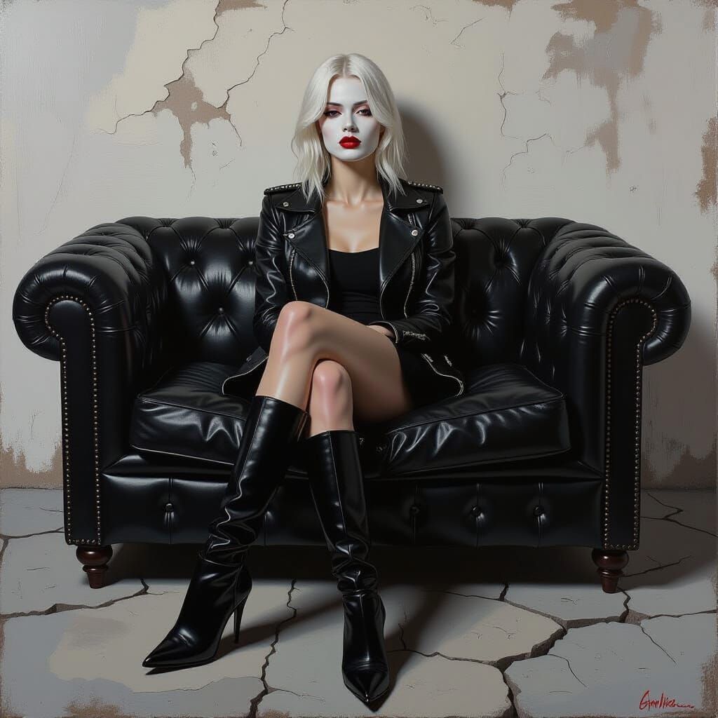 Oil Painting of Woman in Leather on Cement Floor