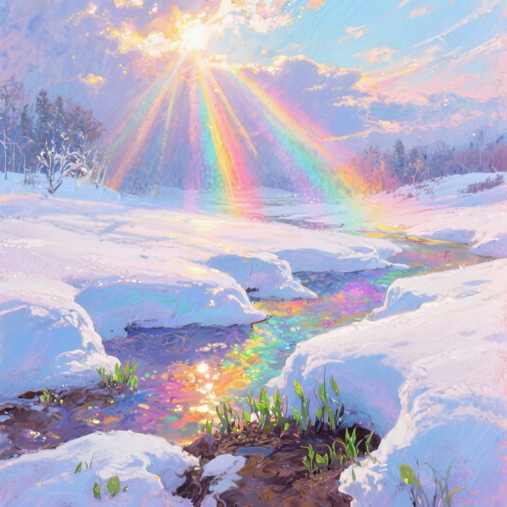 Ethereal Sunbeams Melt Winter Snow with Rainbow Hues