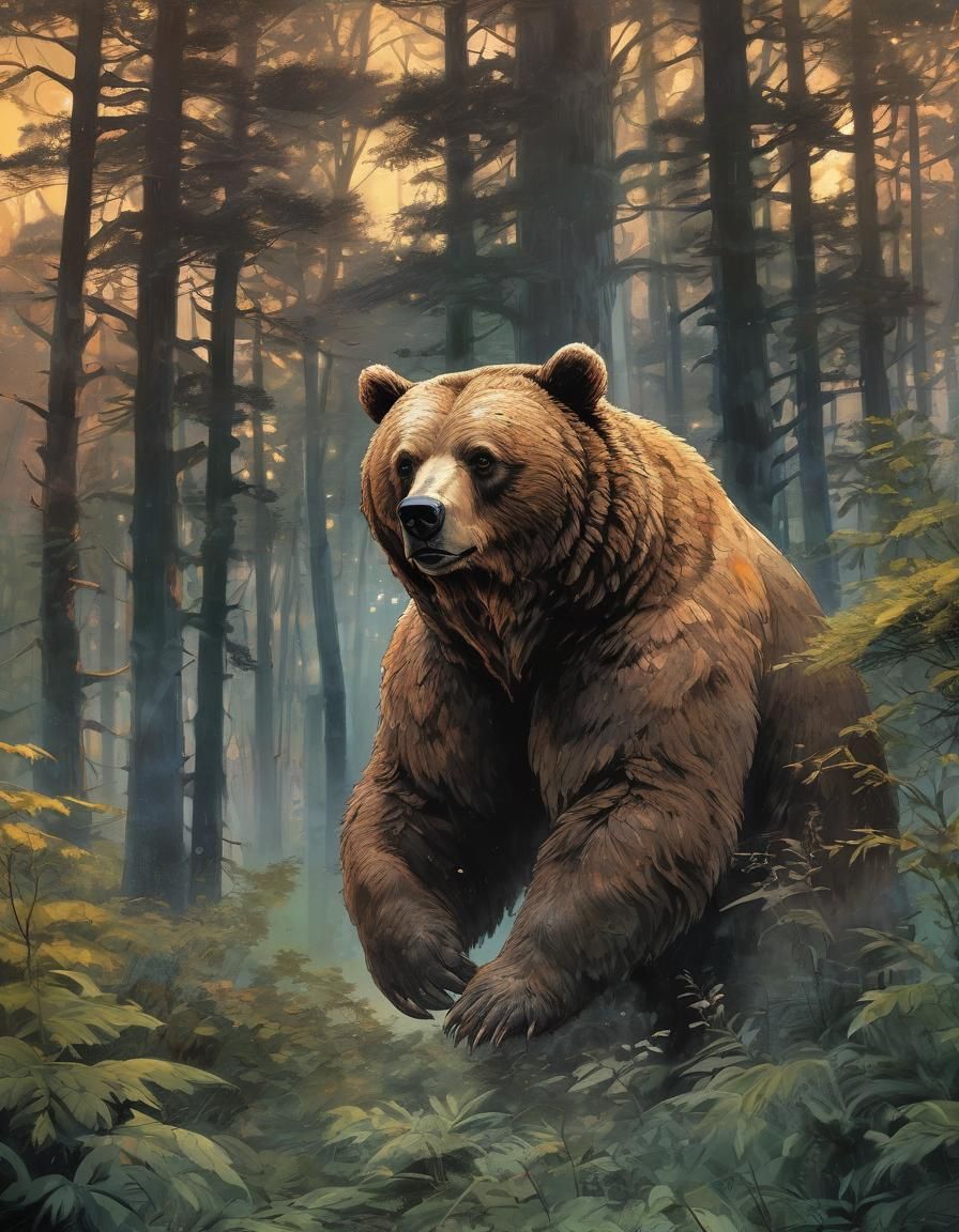 Bear Warrior Guards Forest in Impressionist Anime Style