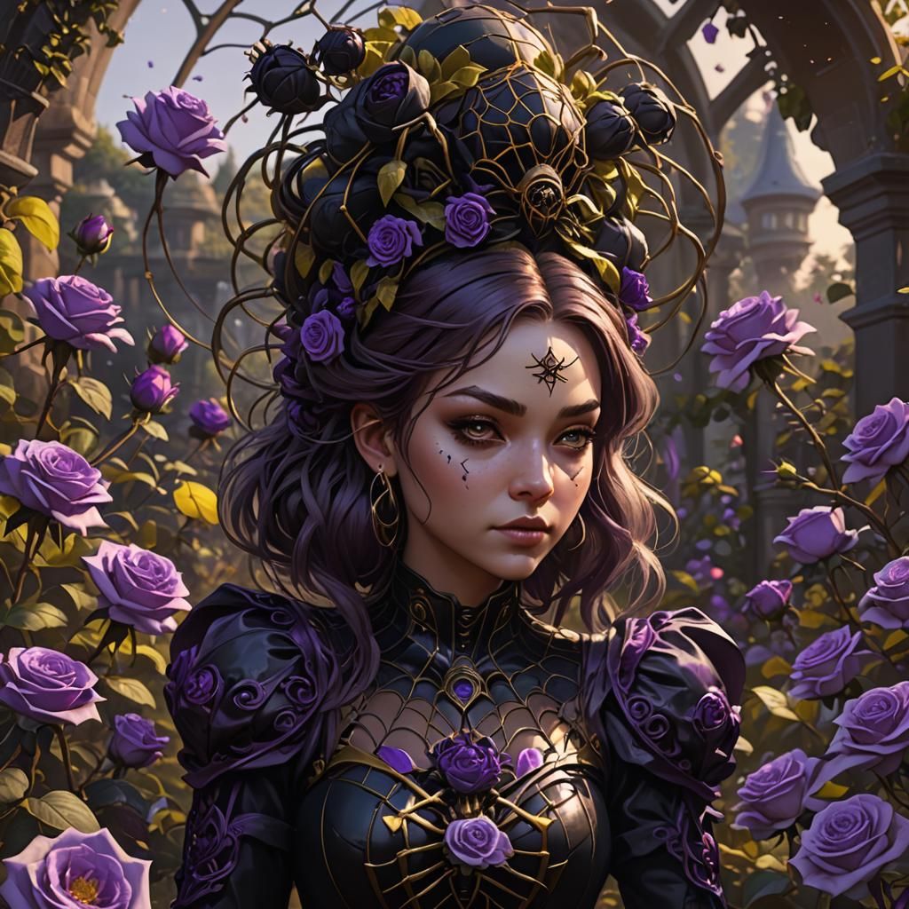 Spider Princess in Rose Garden: Dark Fantasy Art