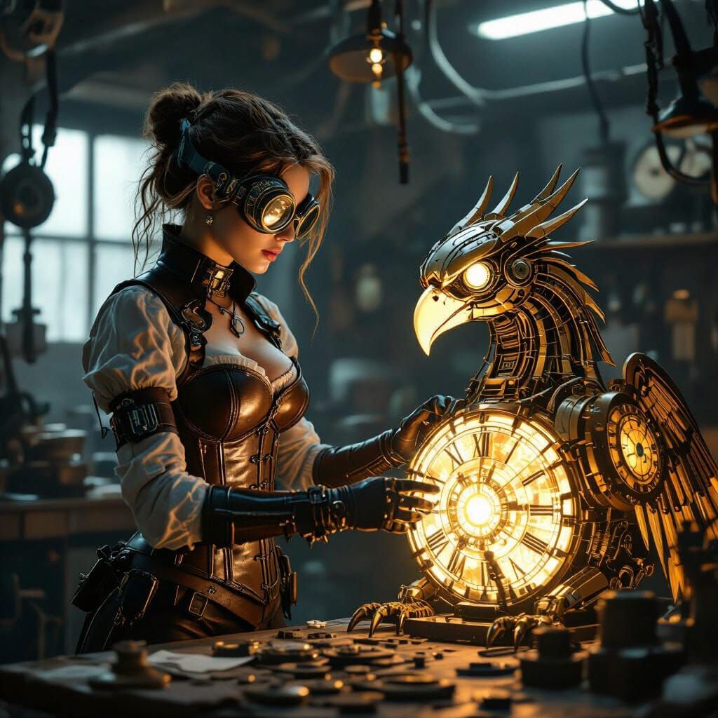 Steampunk Mechanic and Mechanical Griffin in Workshop