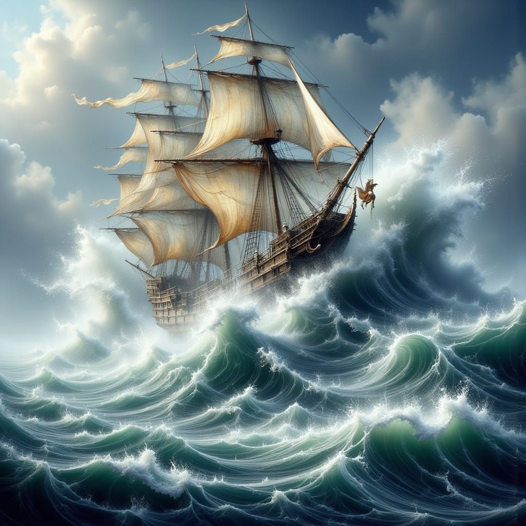 Galleon Hit By Rogue Wave, Photorealistic Style