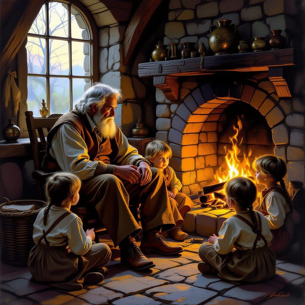 Grandfather Shares Stories by Fireplace with Children in Gol...