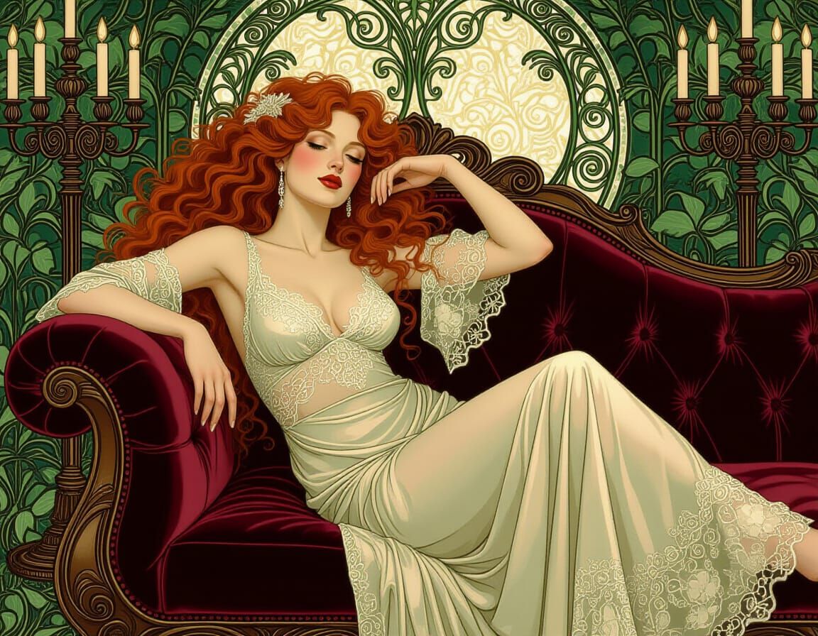Victorian Woman in Lace Negligee, Art Nouveau Style