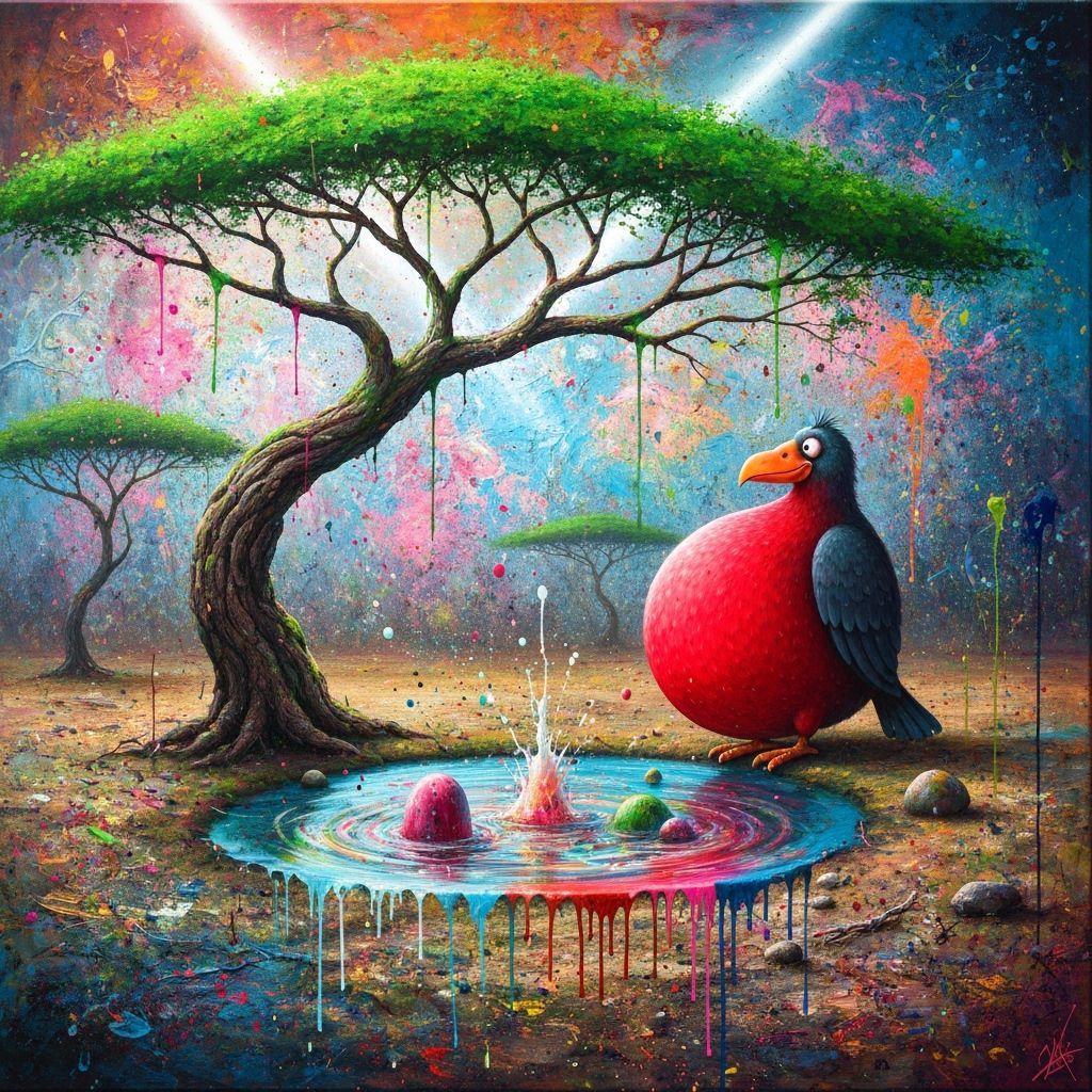 Surreal Painting of Acacia Tree and Colorful Bird