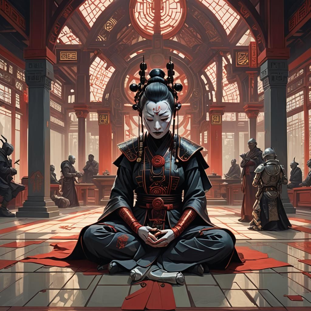 Cyborg Priestess Meditating in Futuristic Temple