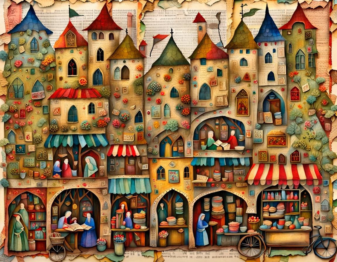 Medieval Market in Mixed-Media Collage Style