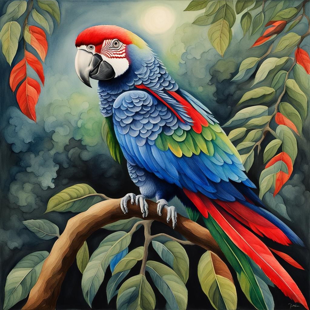 Parrot in Watercolor Style on Green Branch