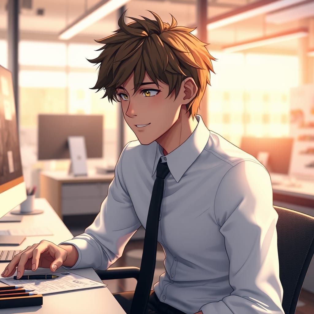 Young Professional in Trendy Office: 3D Anime Art
