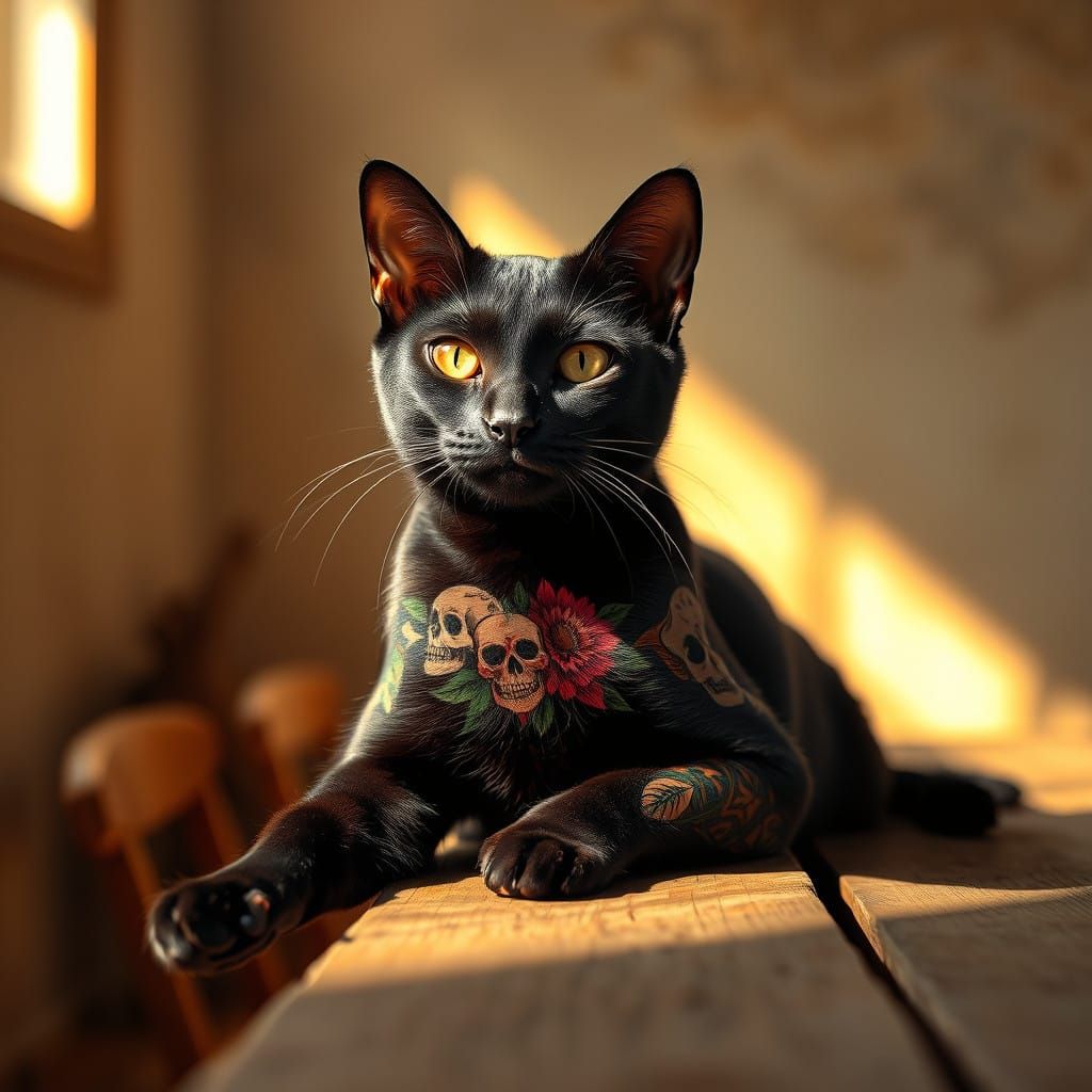 Regal Cat with Colorful Tattoos in a Sunlit Studio