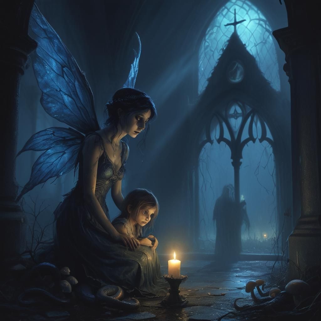 Dark Serpent Fairy Watching Lost Child in Gothic Church