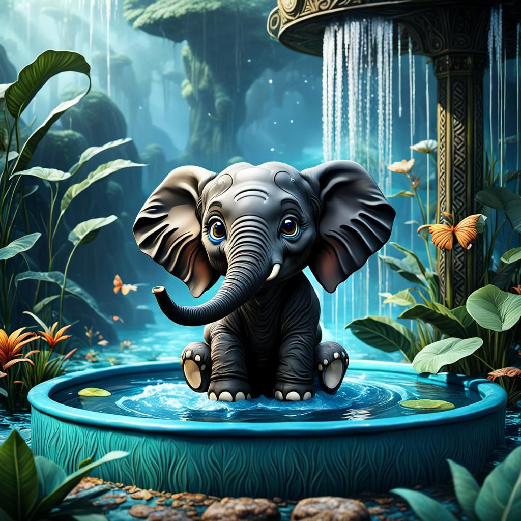 Whimsical Baby Elephant in a Pool, Fantasy Art
