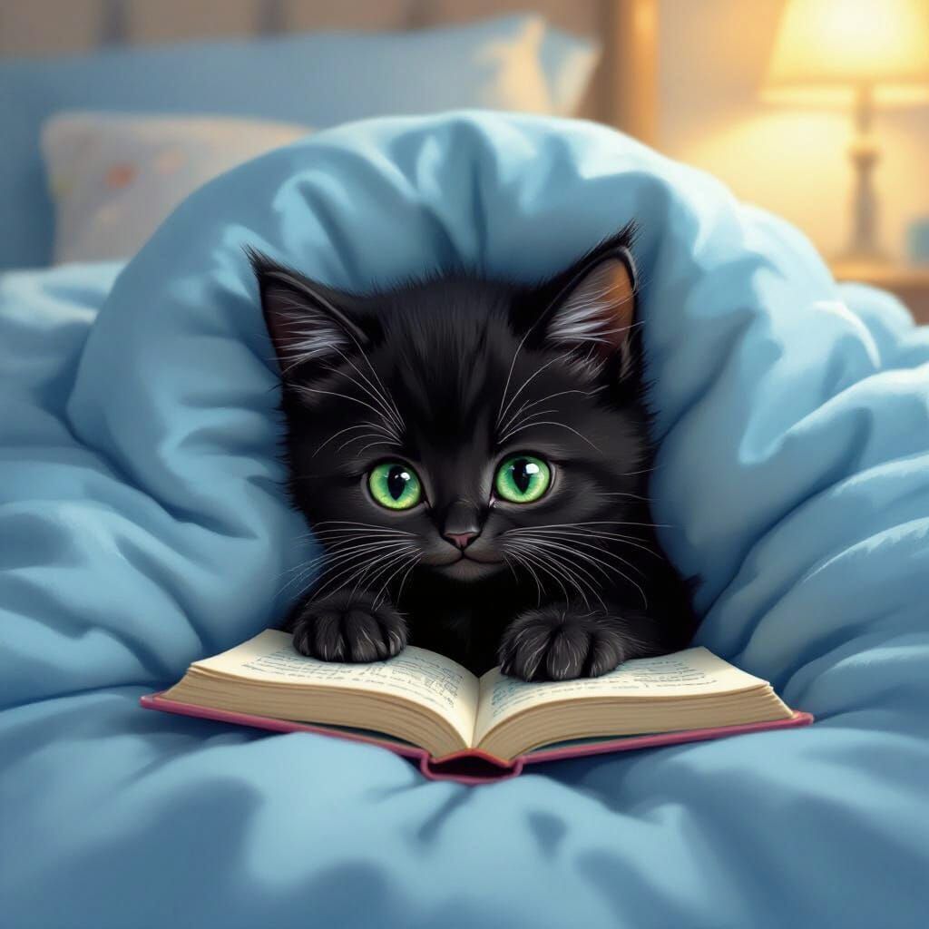 Cute Kitten Reading Book Under Blue Duvet