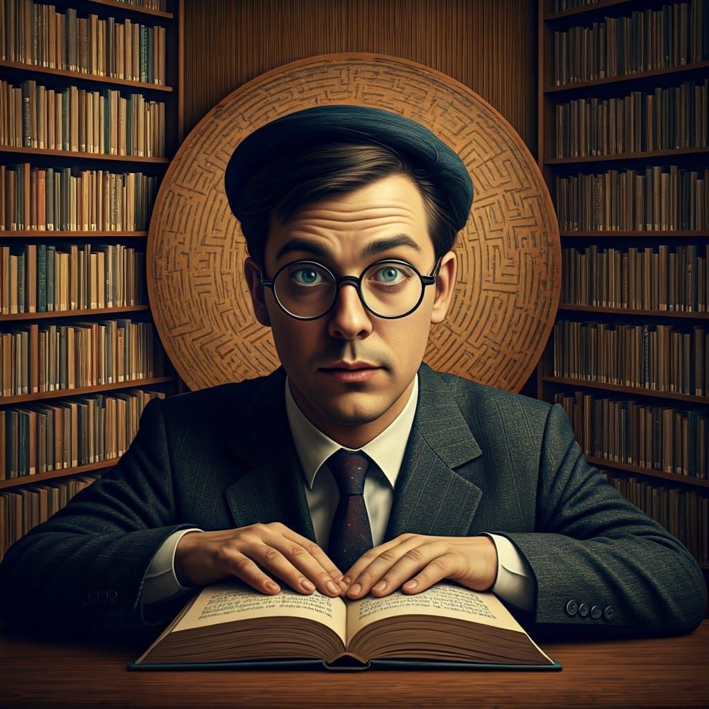 Whimsical Librarian Portrait in Surreal Collage Style
