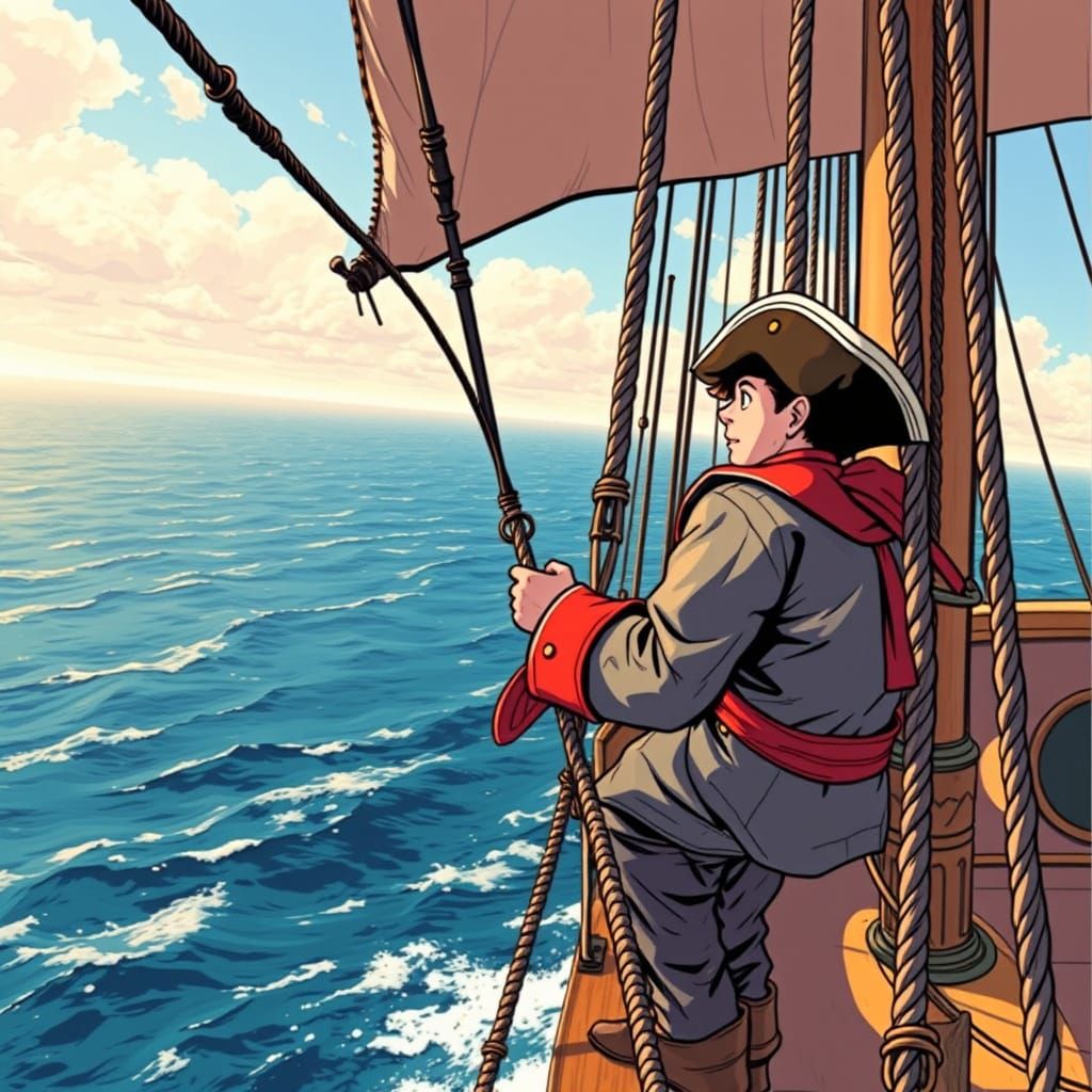 Young Deckhand on Rigging, Comic Book Art Style