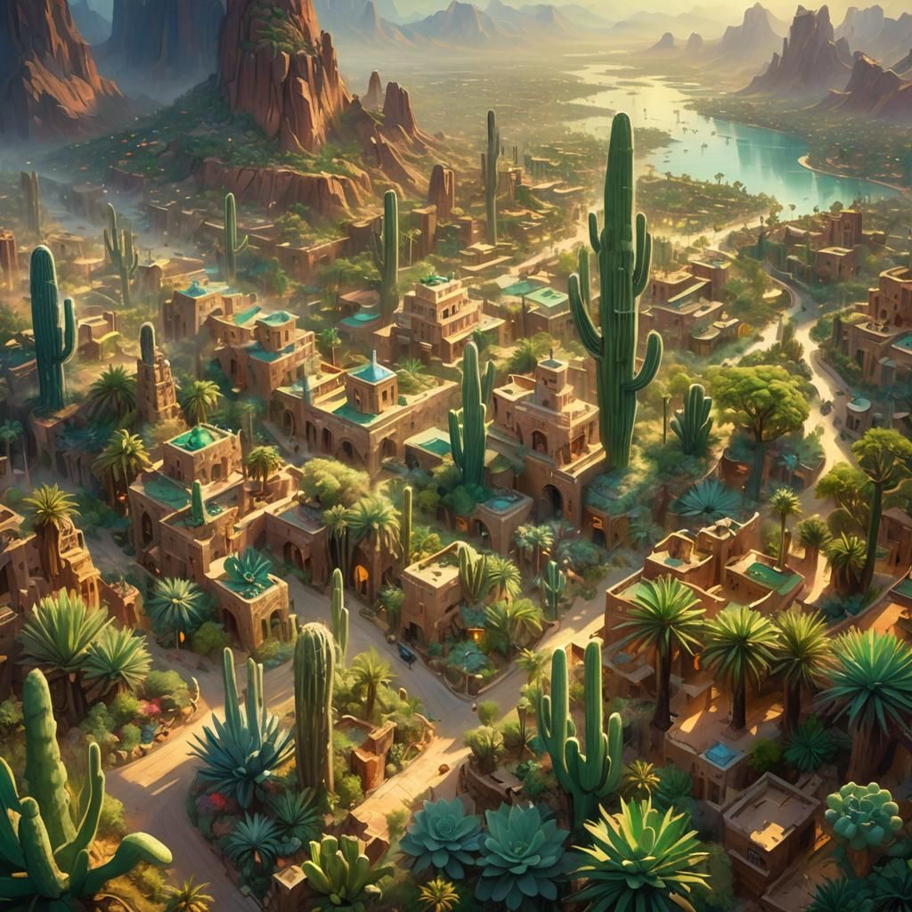 Luminous Desert Oasis: A City of Bark and Cactus
