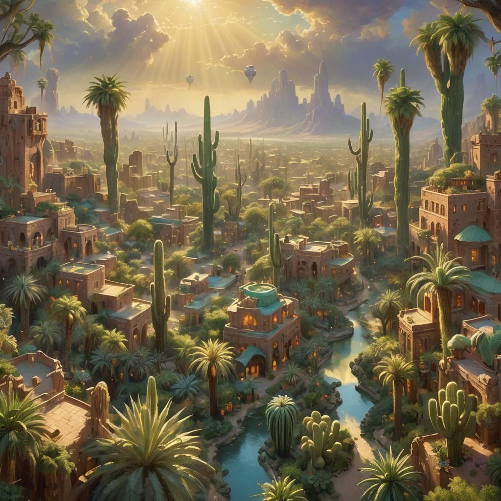 Lush Desert Oasis City in Ethereal Aerial View