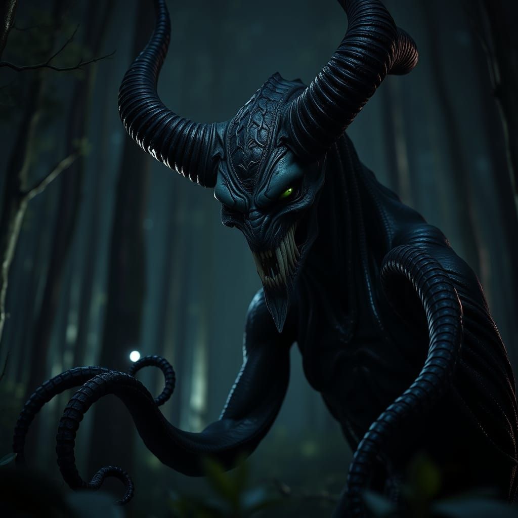 Humanoid Shadow Demon with Tentacles in Forest at Night