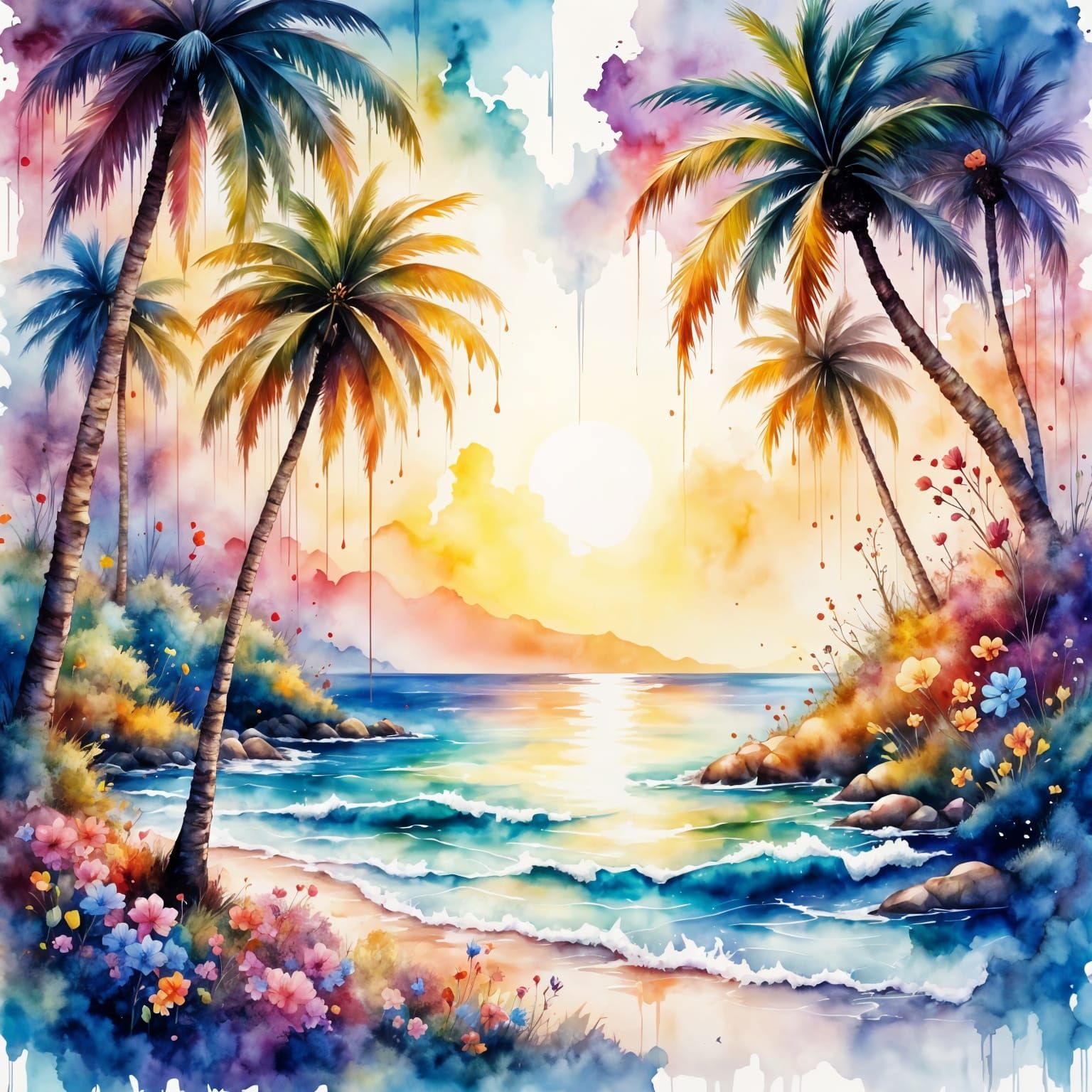 Sunrise on a Tropical Island in Vibrant Watercolor