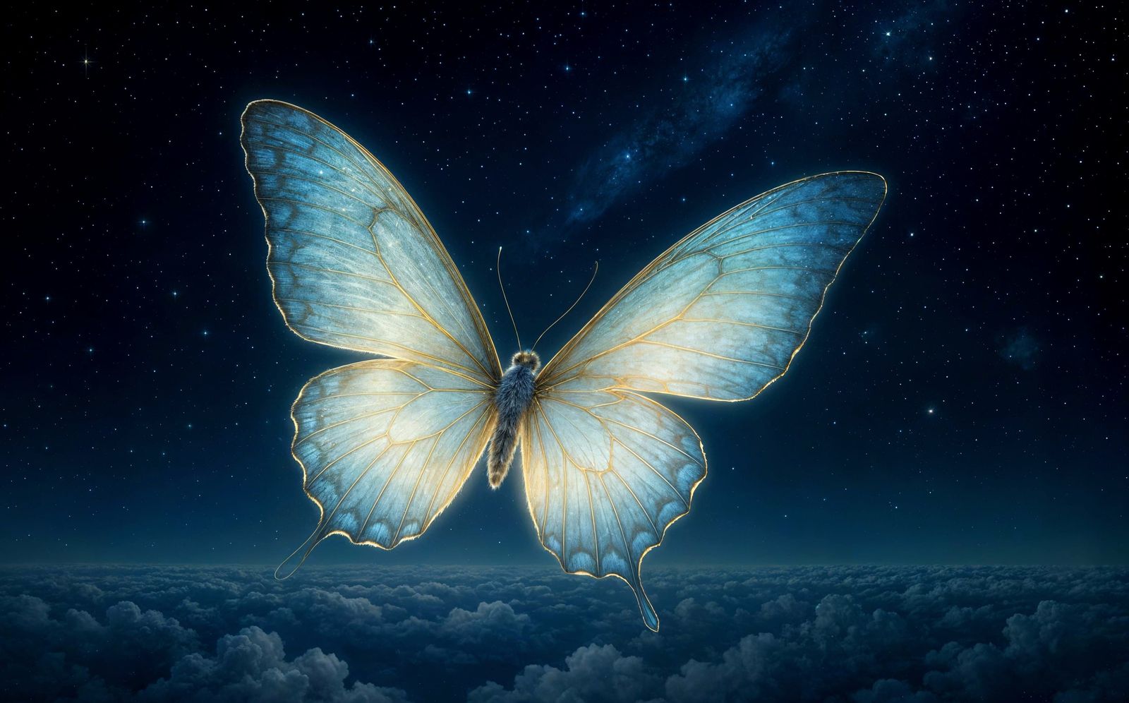 Ethereal Butterfly Soaring Above Clouds at Night
