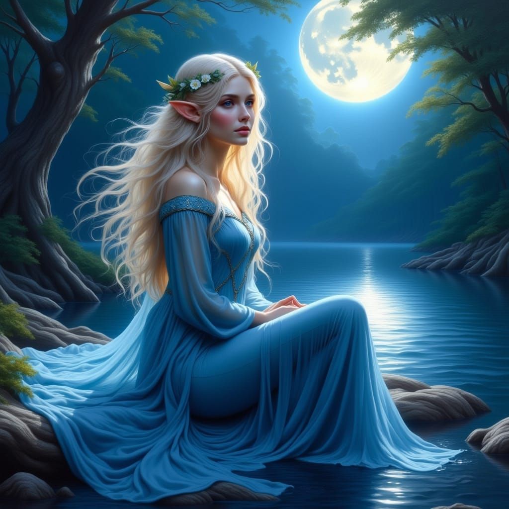 Ethereal Elf Woman in Moonlight Oil Painting