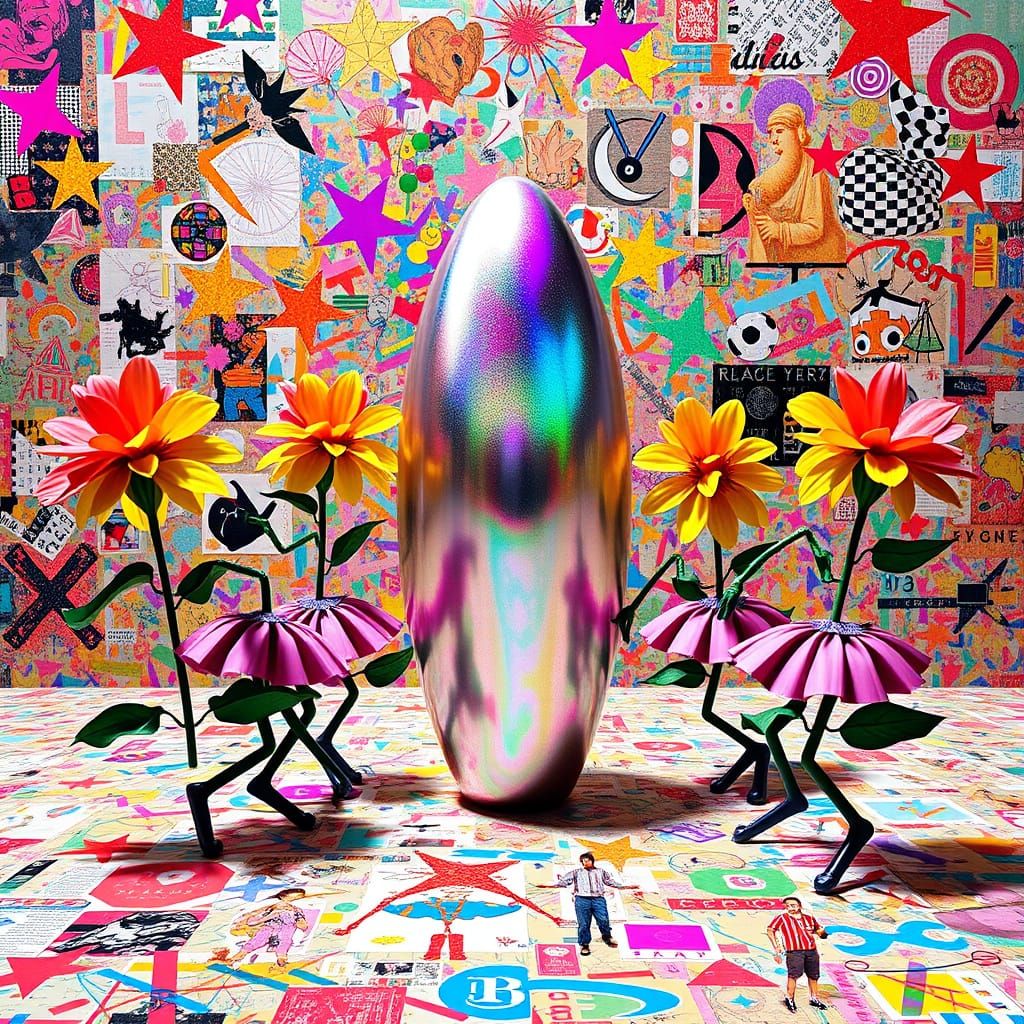 Anthropomorphic Flowers Dancing Around Iridescent Sculpture