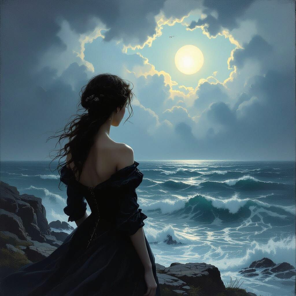Woman Overlooking Stormy Sea at Dusk