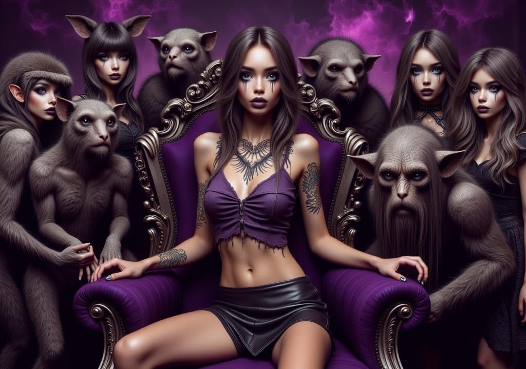 woman in short leather skirt, surrounded by strange creatures
