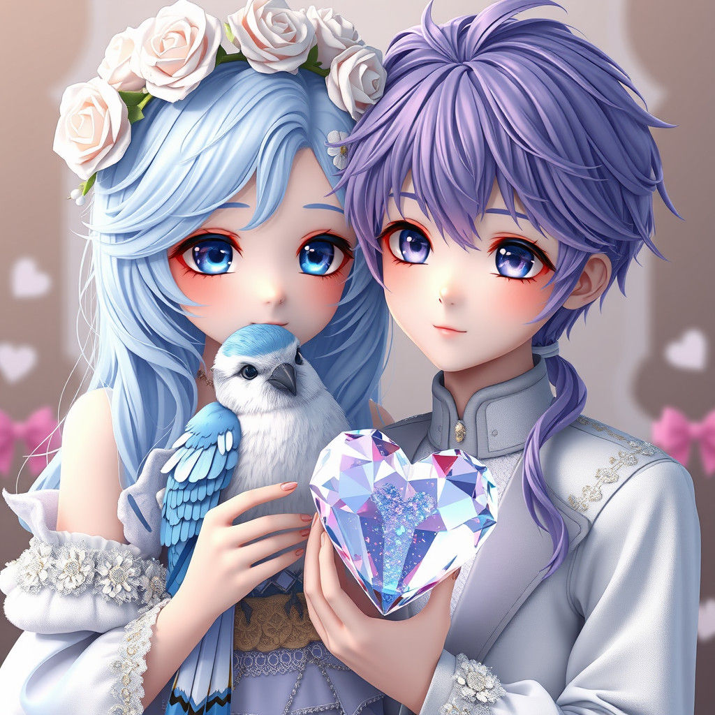 Anime Girl with Bluejay and Boy with Glitter Heart