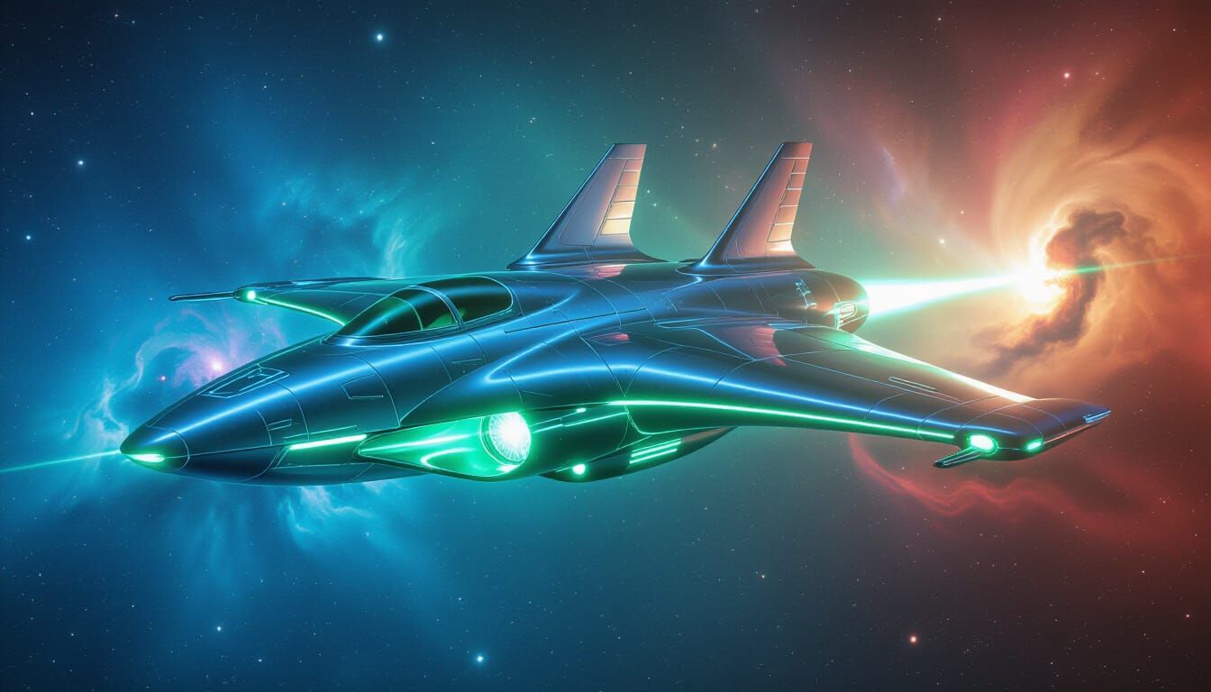 Futuristic Chrome Starship Flies Through Cosmic Nebula