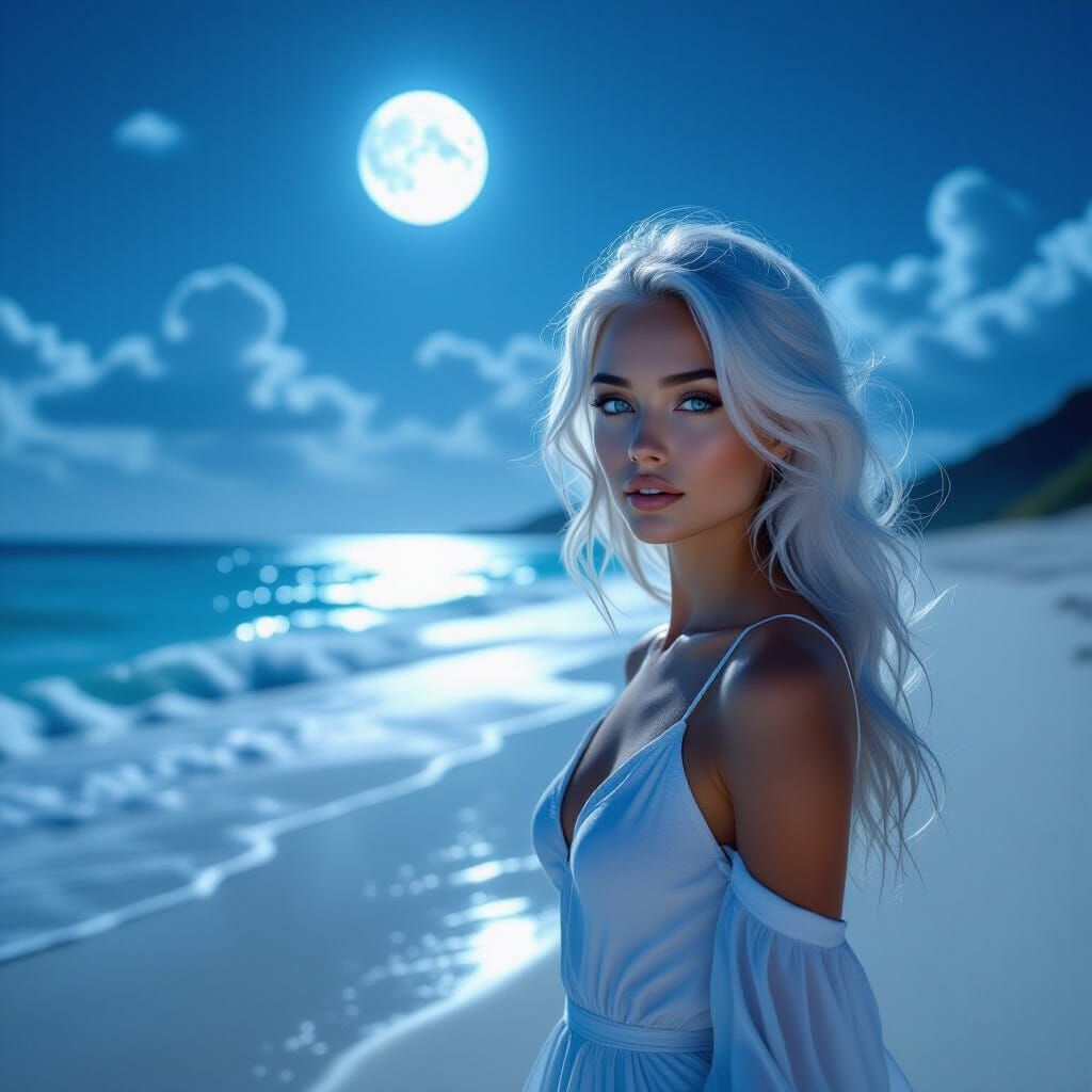 Woman's Moonlight Beach Stroll in Ethereal Blue Tones