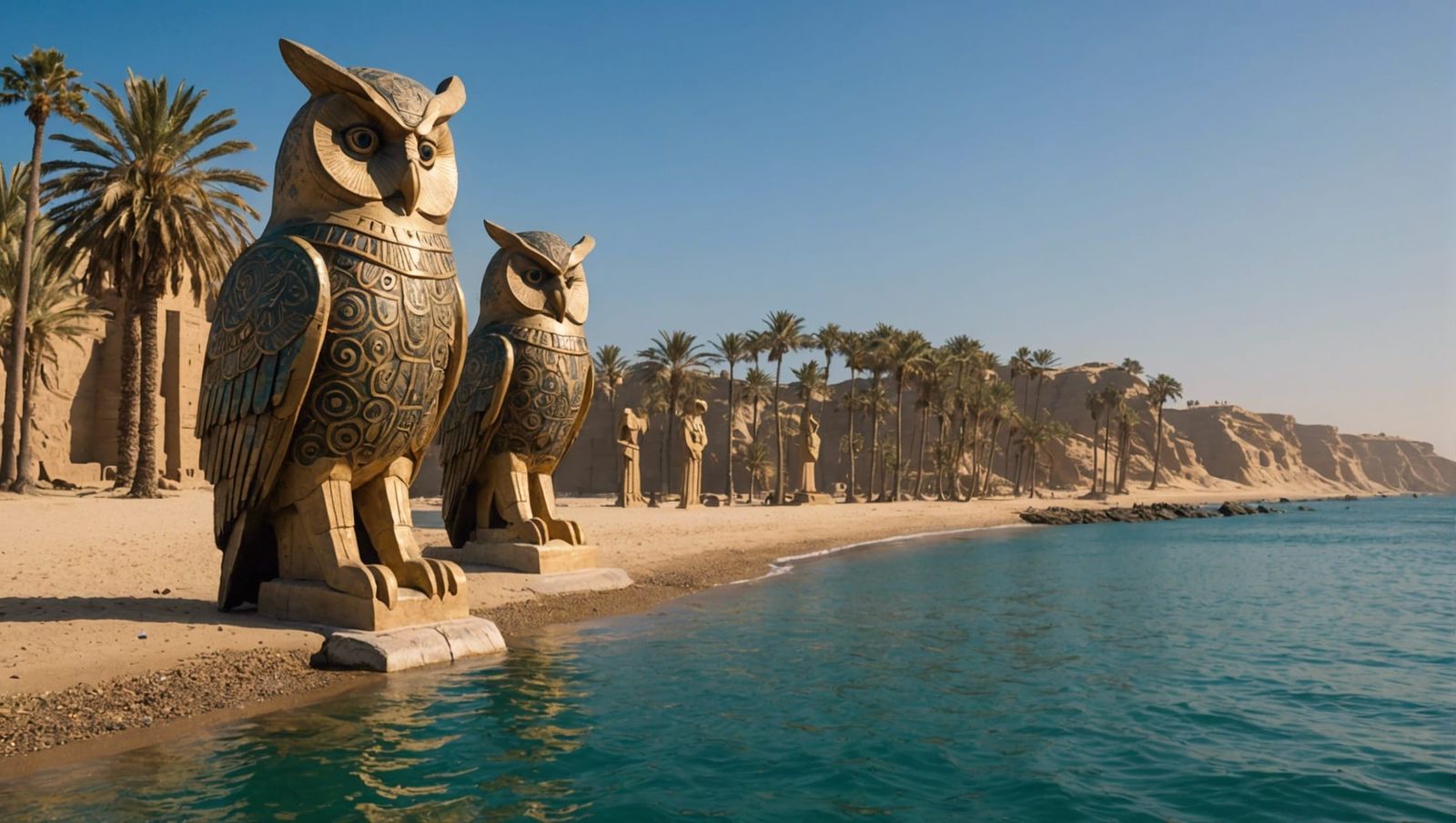Egyptian Owl Statues on Ocean Shoreline