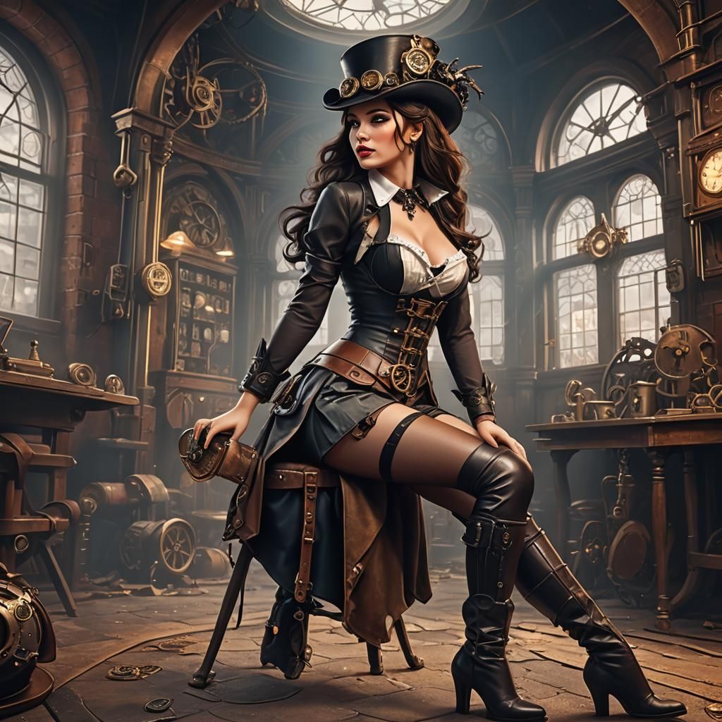 Brunette Steampunk Pin-Up in Garter Belt