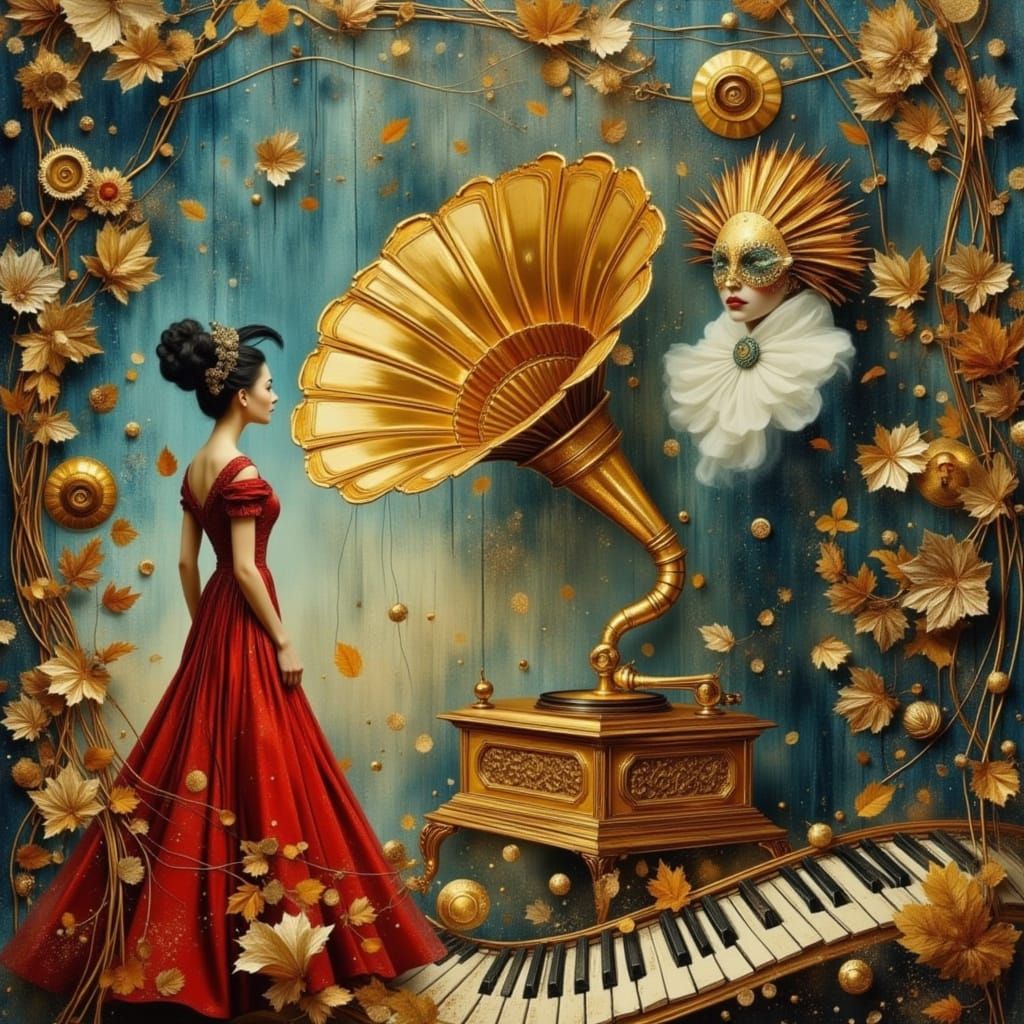 Surreal Golden Gramophone with Autumn Leaves and Figures