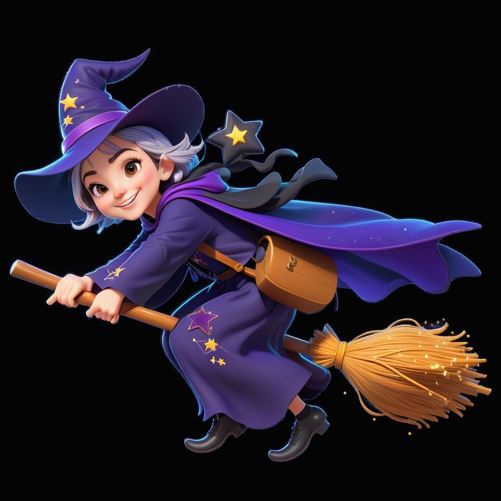 Charming Witch Girl on Broomstick in 3D Style