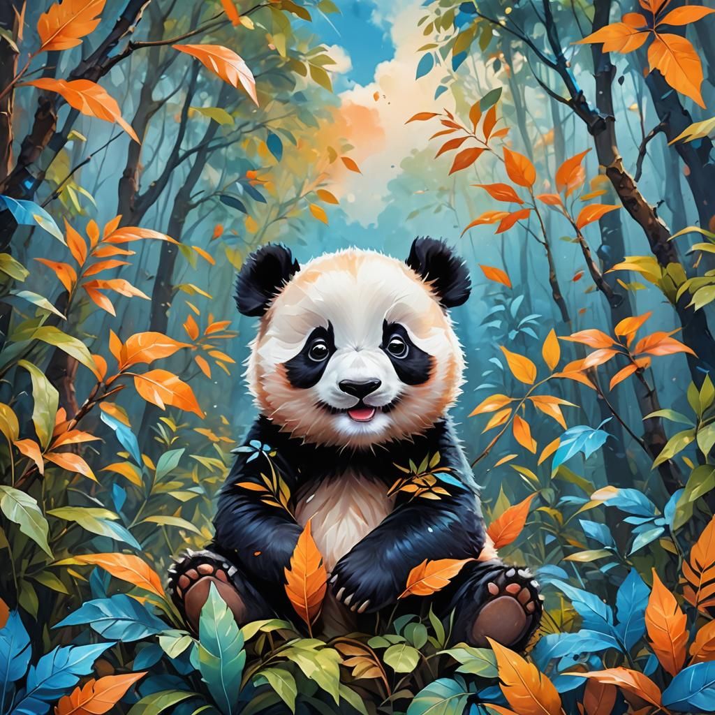 Happy Panda in Vibrant Abstract Forest Art