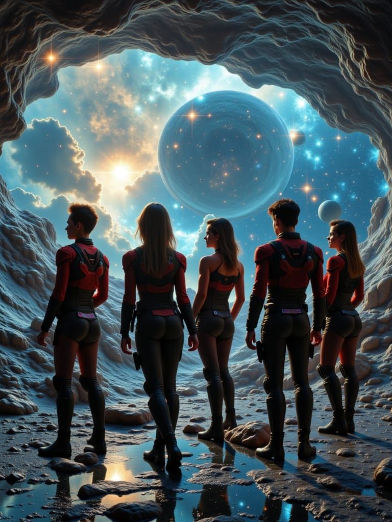 Explorers on Starship Bridge in Sci-Fi Style