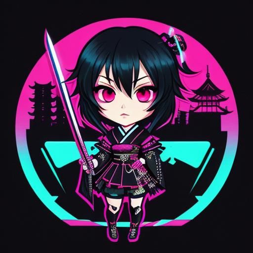 Synthwave Gothic Chibi Girl with Swords