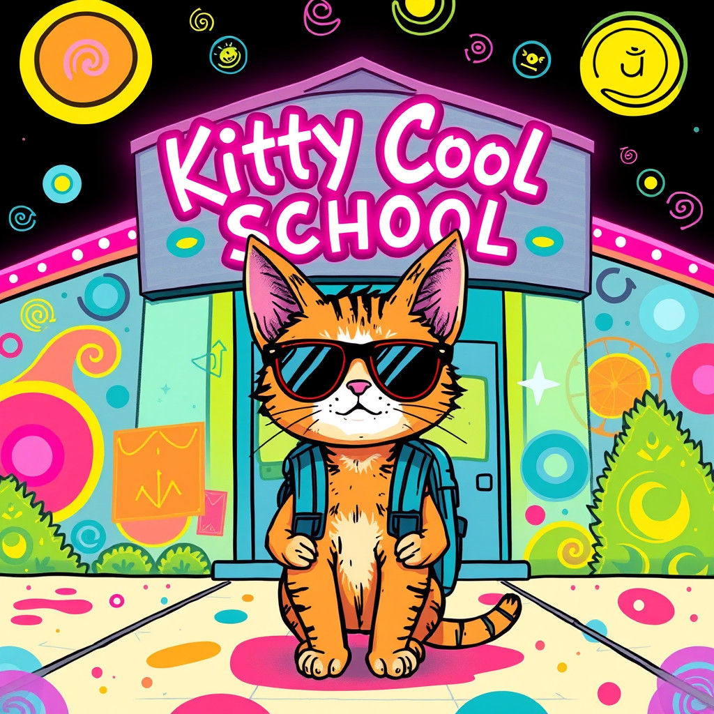 Cat at Kitty Cool School: Whimsical Illustration