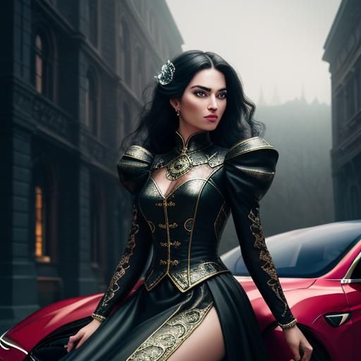 Beautiful Woman on Tesla Car in Hyperrealistic Style