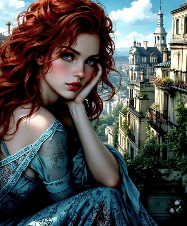 Long red hair and green eyes on the terrace