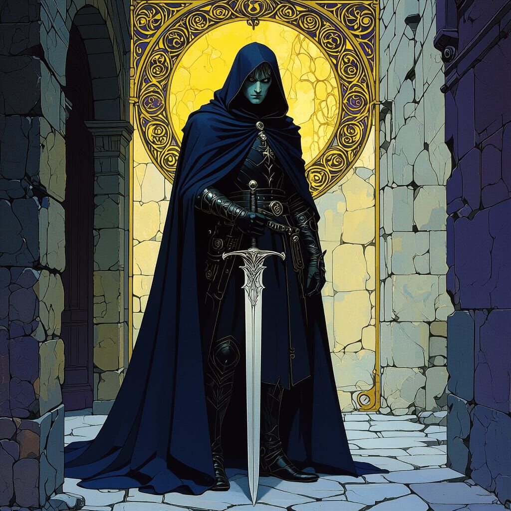 Dark Fantasy Swordsman in Ornate Style
