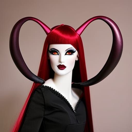 Aries Barbie with long crimson red hair wearing beautiful ram horns on her head& beautiful Amber colored eyes& black eye...