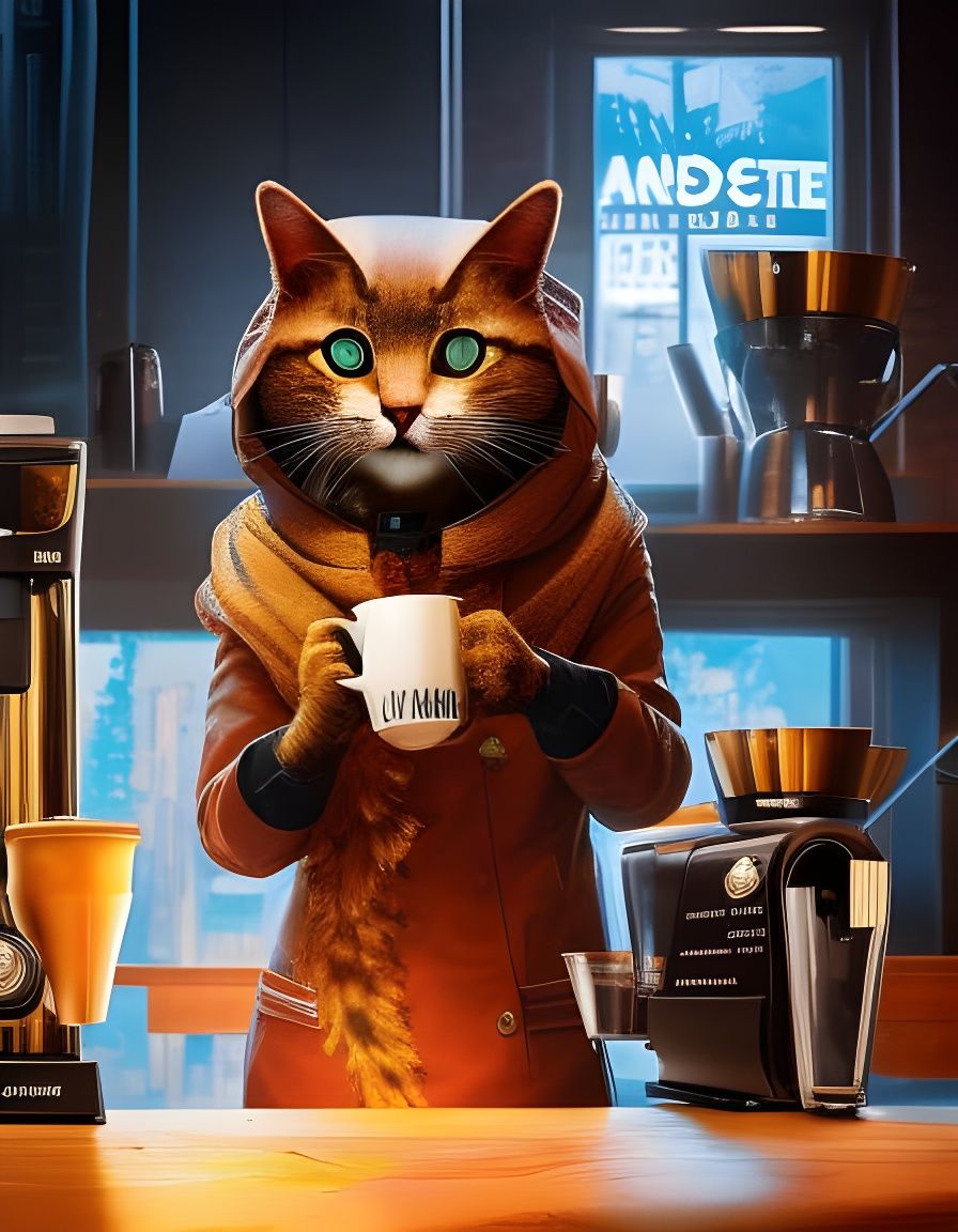 Anthropomorphic Cat Barista in Hypermaximalist Style