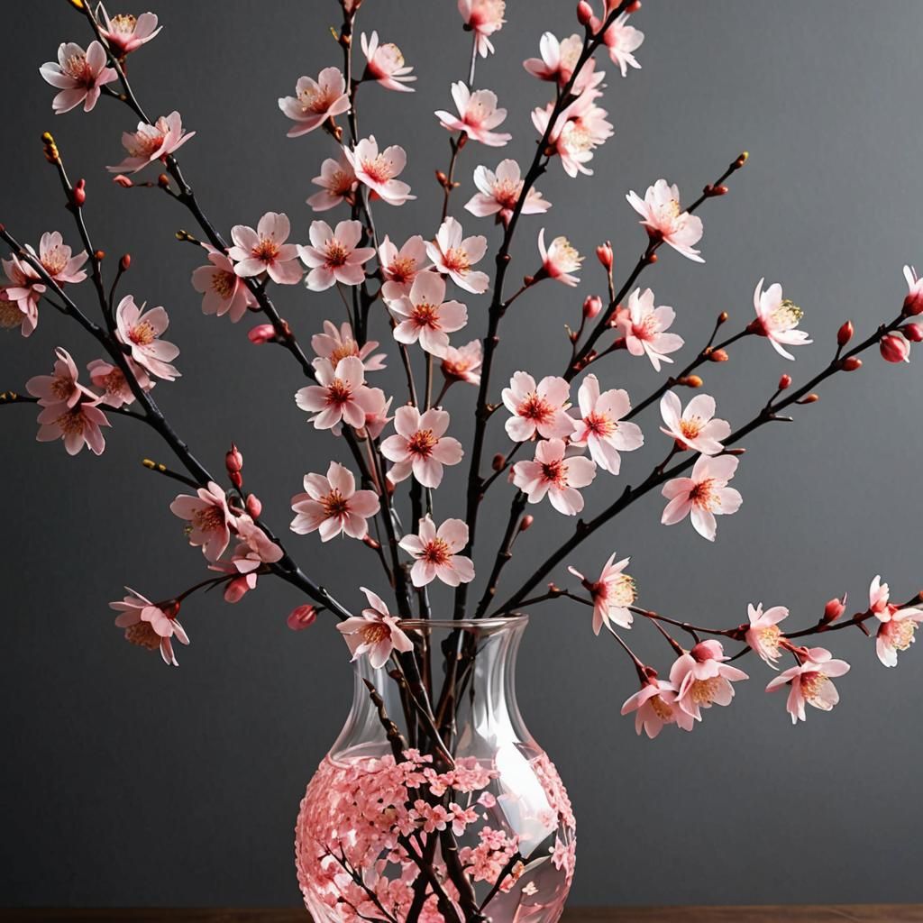 Cherry Blossom Flowers in Resin Vase, Luminous Art