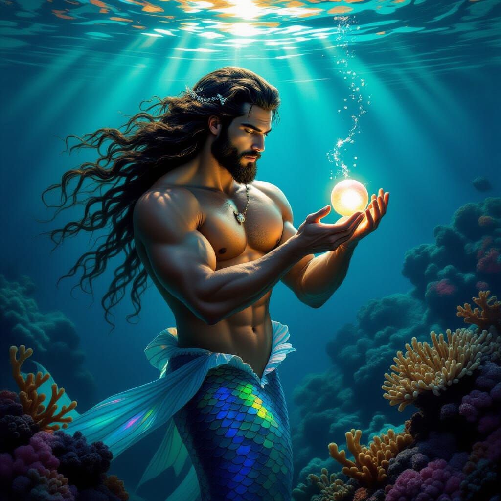 Merman Emerges with Pearl in Pre-Raphaelite Style