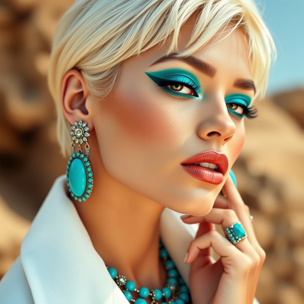 Bold Turquoise Jewelry and Makeup Editorial