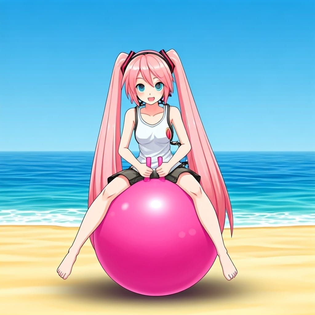 Sakura Miku Plays on a Hopper Ball at the Beach