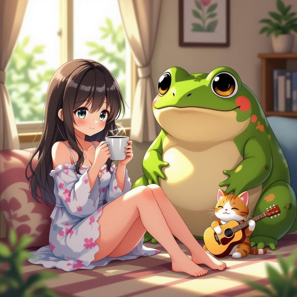 Anime Girl, Frog, and Kitten Morning Coffee Scene