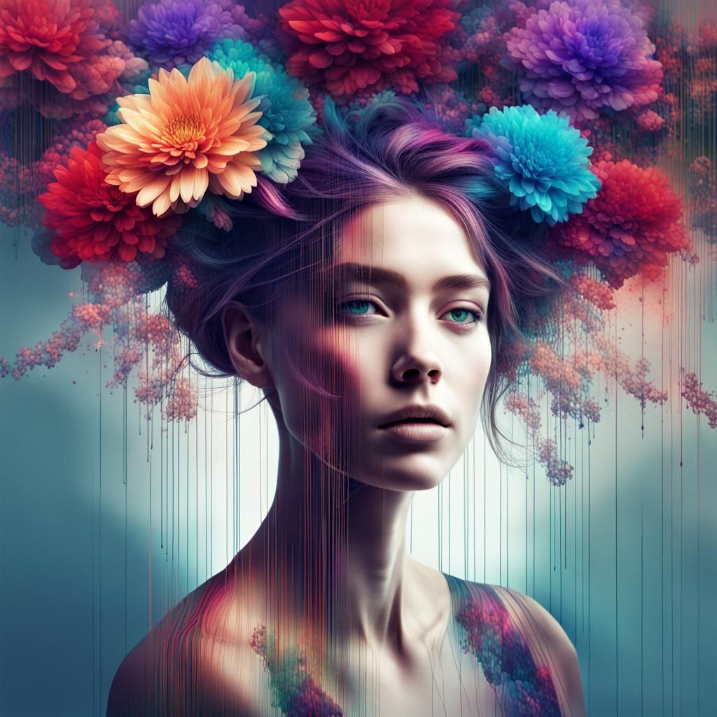 Woman with Flowers: Glitch Art Portrait